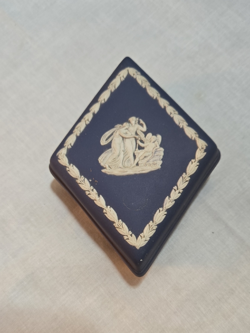 Vintage Wedgwood Portland Blue Jasperware Trinket Box with Classical Relief